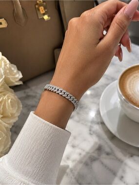 Sterling Silver Moissanite Cuban Link Bracelet 7” Pavé Iced Out S925